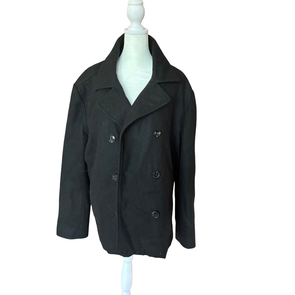 Cole Haan Womens Black Wool Blend Double Breasted Pea Coat Notched Lapel Jacket